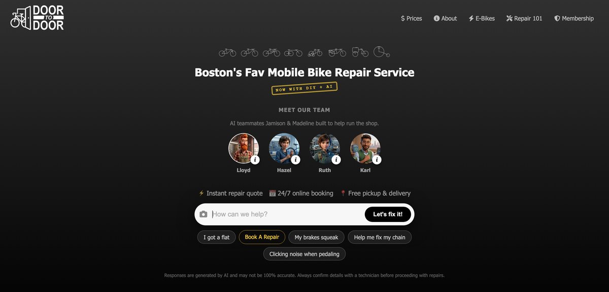 The Door to Door Repair service desk: four agent personas, a chat input, and quick-start prompts for common bike problems.